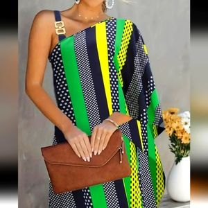 ❄️50% OFF❄️ Geo Print & Color Block Dress Asymmetrical Chain Strap XL